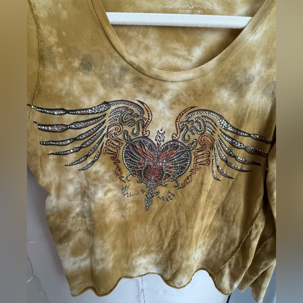 Women's Rebel Girl Gold/Brown Tie Dye Long Sleeve Top With Heart & Wings, Large - Picture 3 of 5